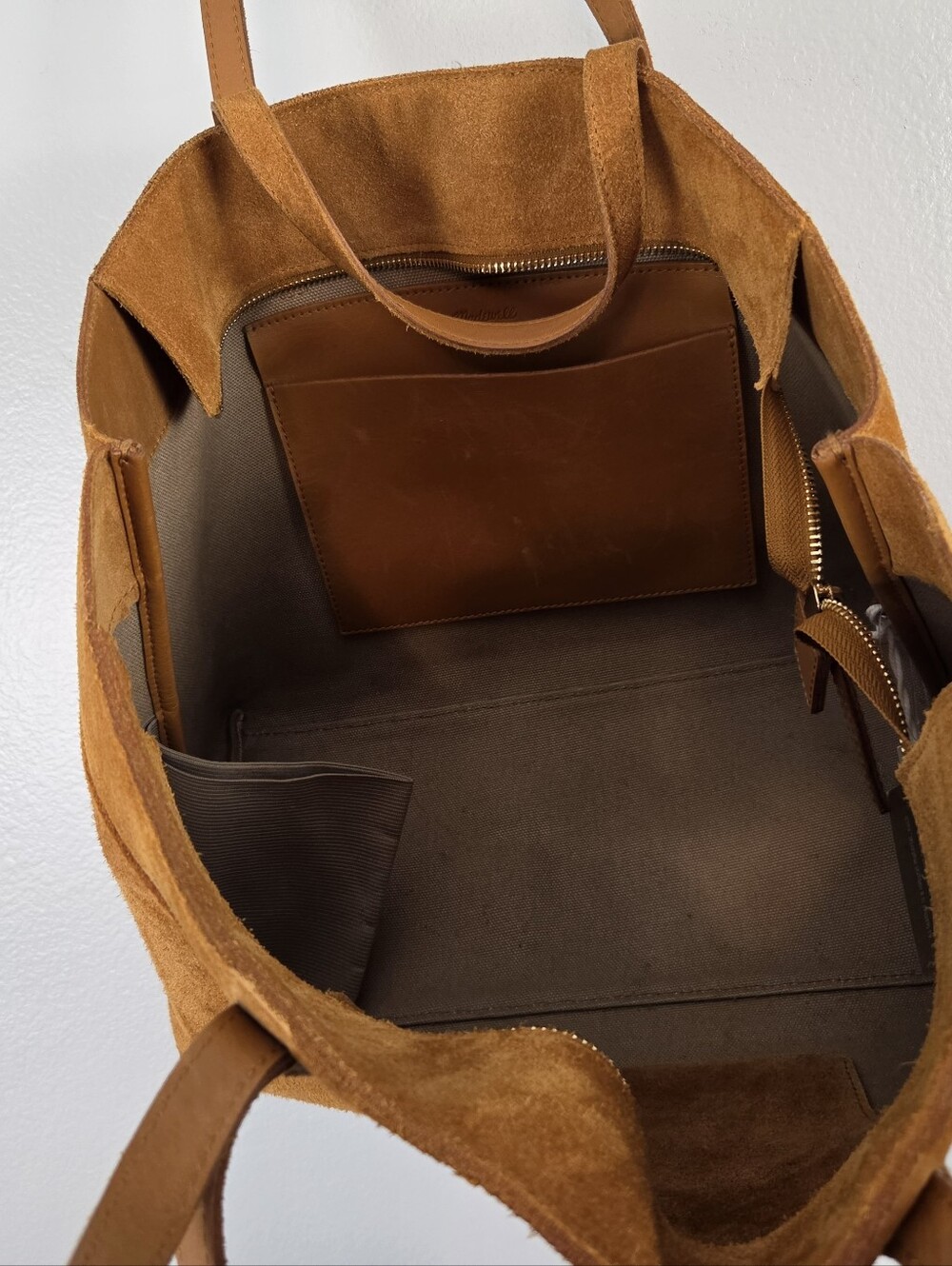 Madewell The Zip-Top Essential Suede Office Work Laptop Tote in Dark Camel Brown - Picture 3 of 15